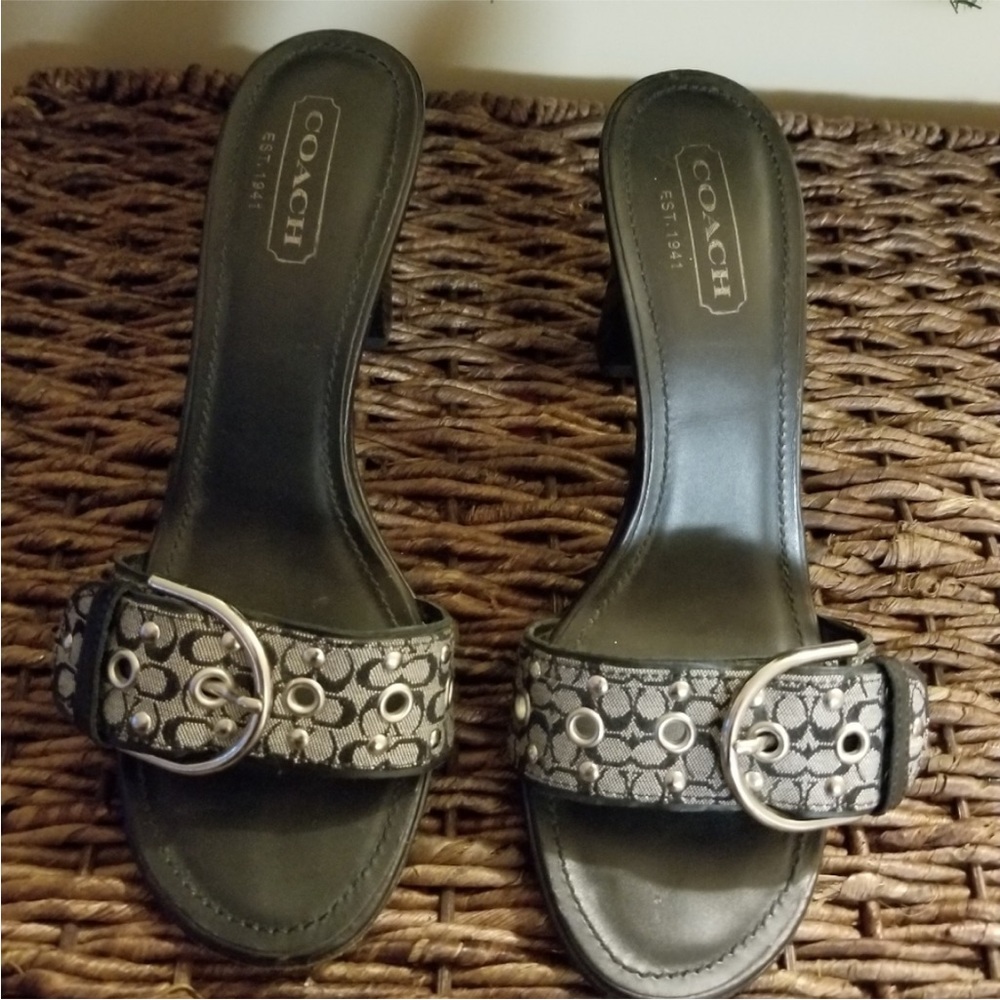 Coach Black and Cream Buckle Mules